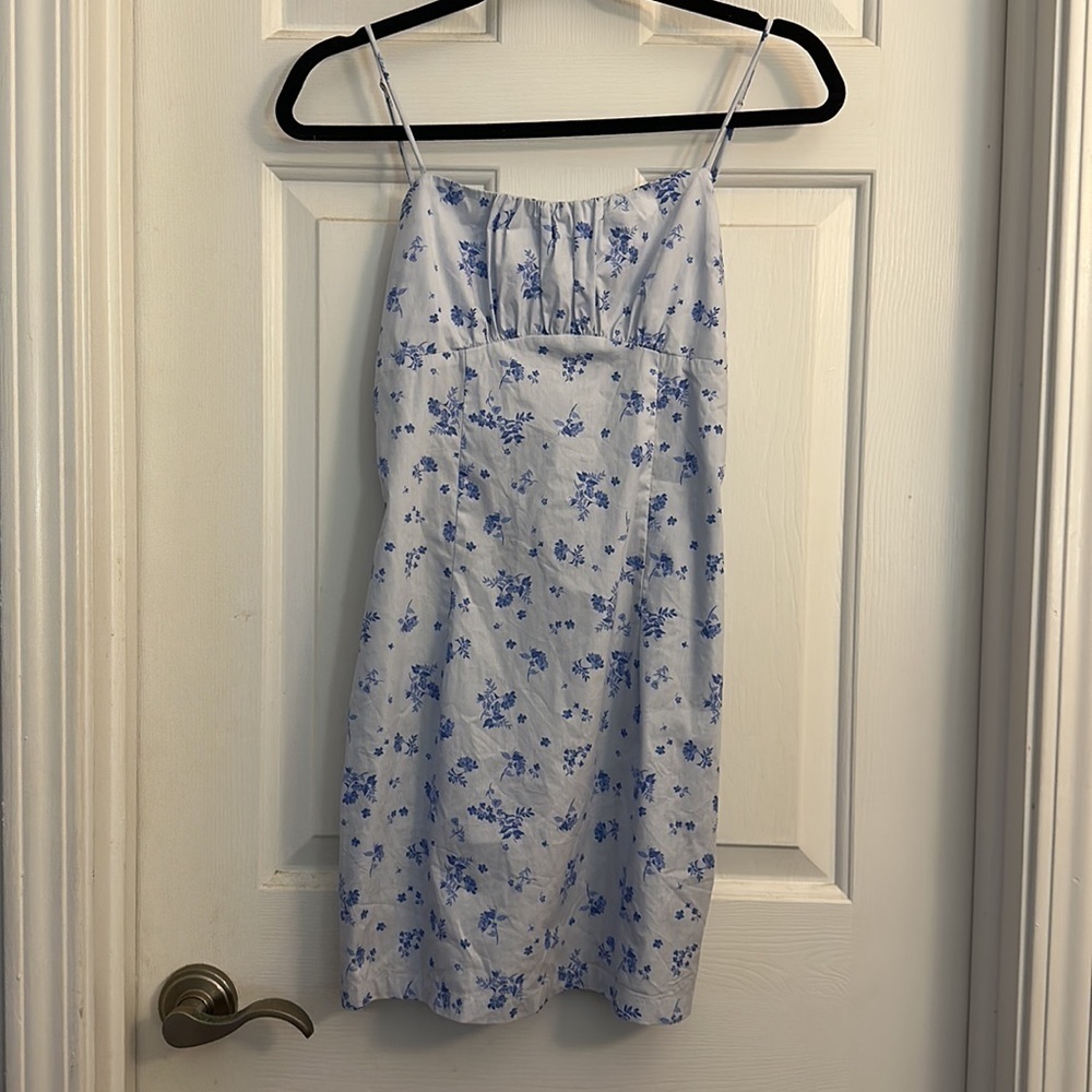 Victoria + Sophia blue floral cotton mini spaghetti strap babydoll dress small - Picture 2 of 6